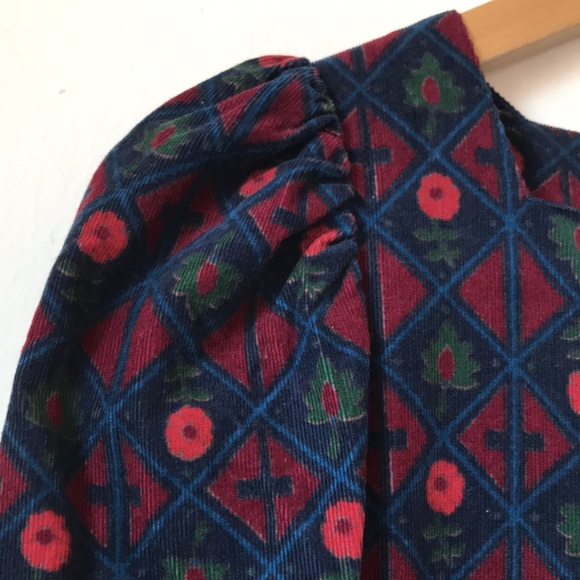 Laura Ashley Vintage Diamond/Floral Corduroy Dress Navy/Red/Green w/Belt Sz US 8 - Picture 13 of 17